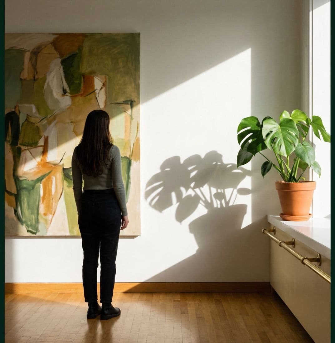 A woman looking at a large painting in a bright, quiet room.