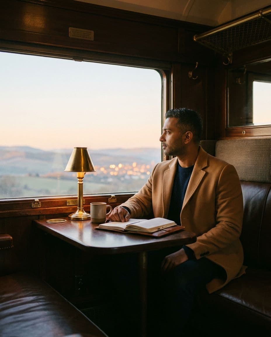 A founder by a train window at dusk, a notebook open, thinking about what comes next.