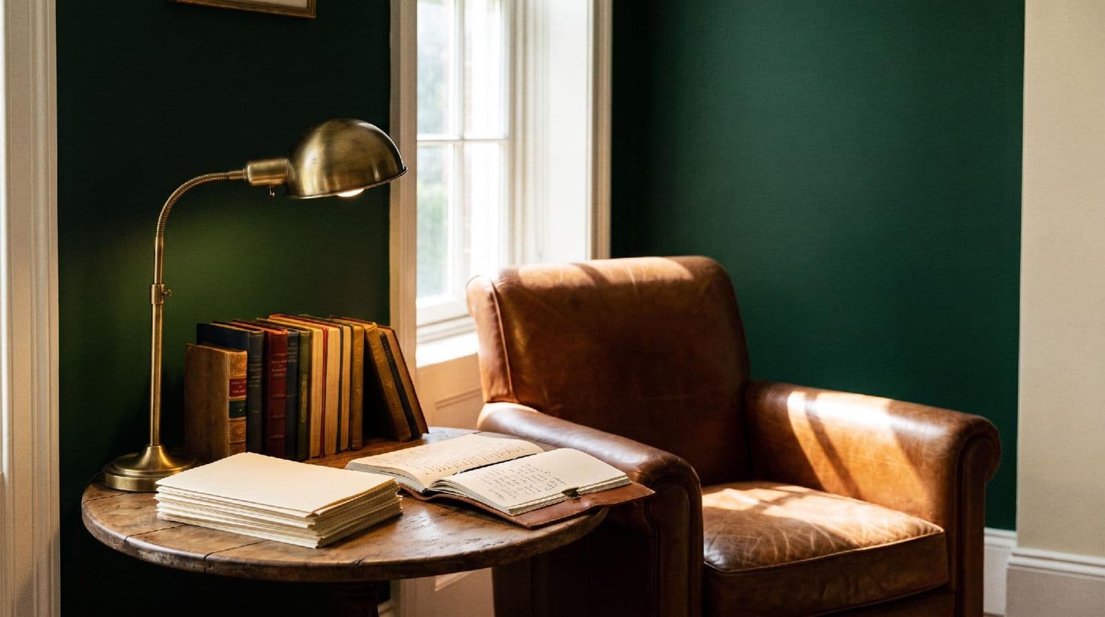 A quiet study: a brass lamp, a leather chair, and books open on a side table.